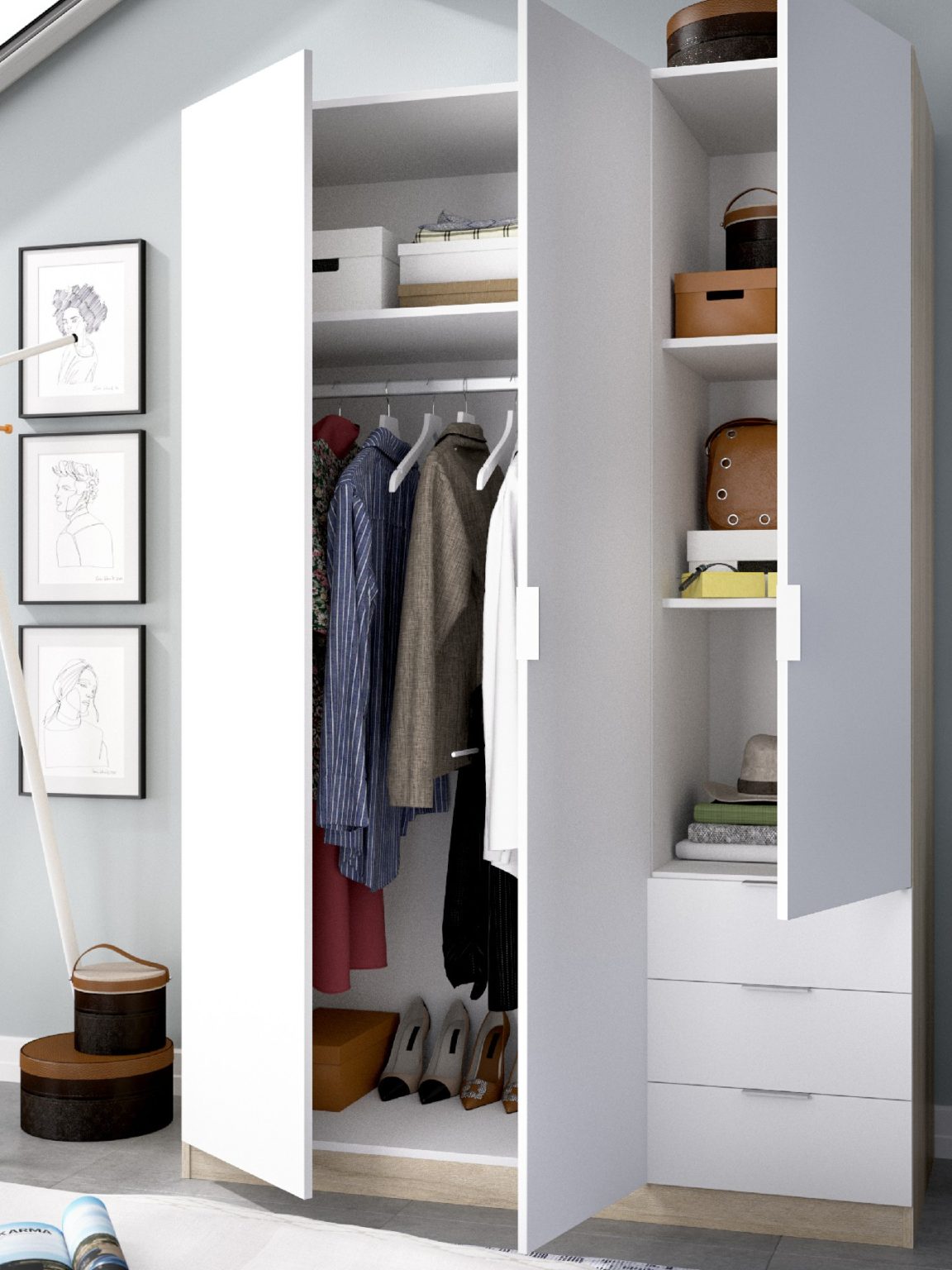 Armario Lima tres puertas tres cajones natural/blanco