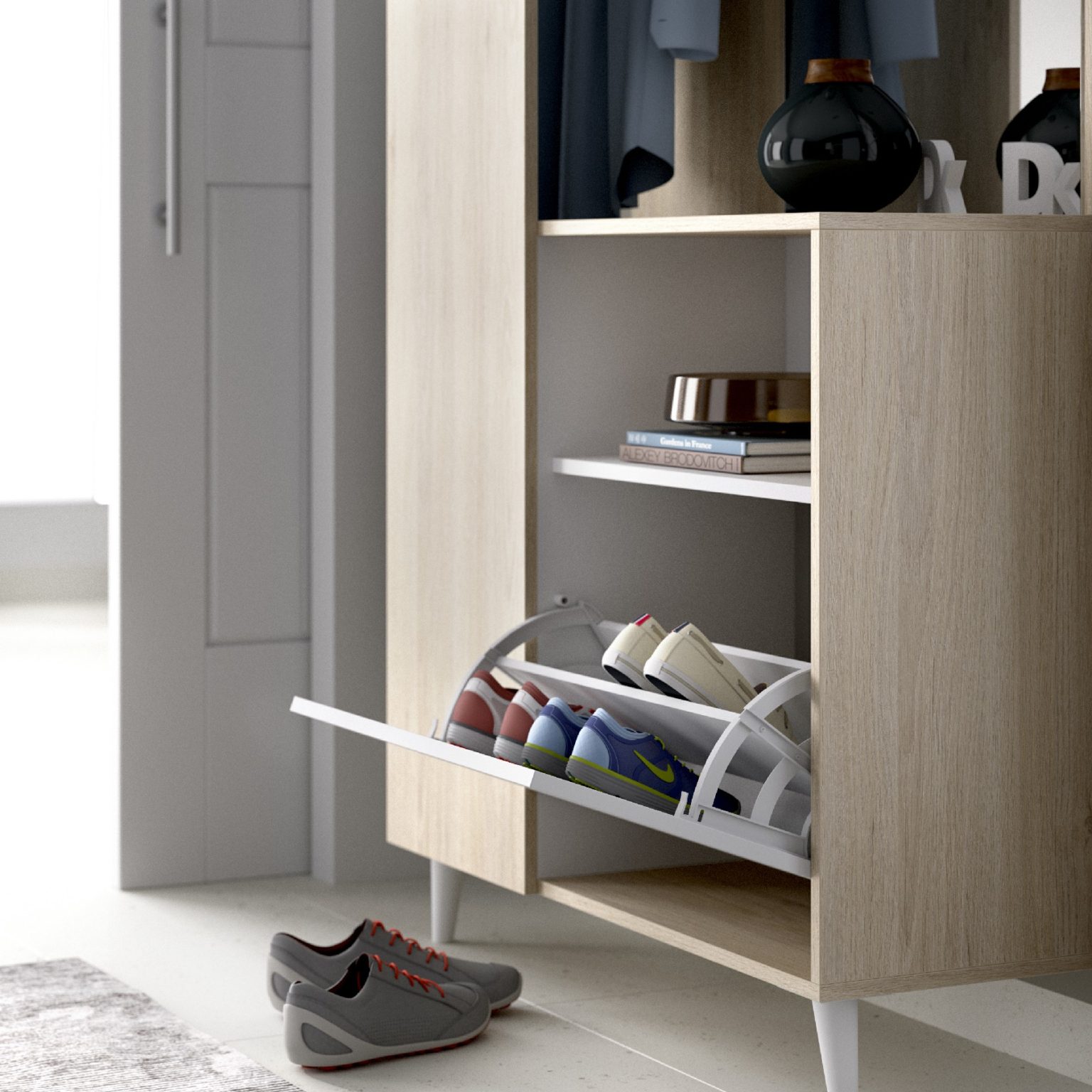 Recibidor Denver con zapatero y armario abierto natural/blanco