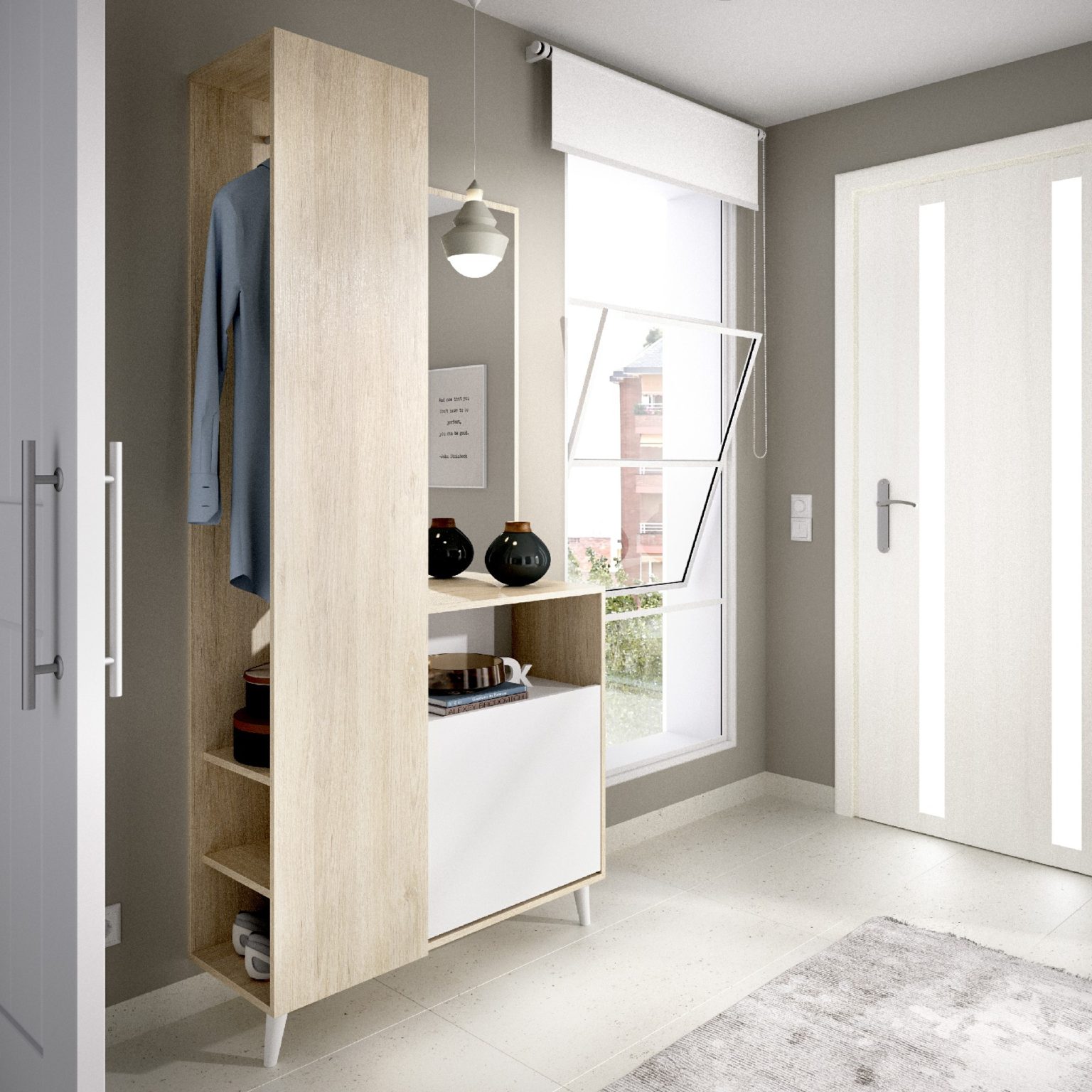 Recibidor Denver con zapatero y armario abierto natural/blanco