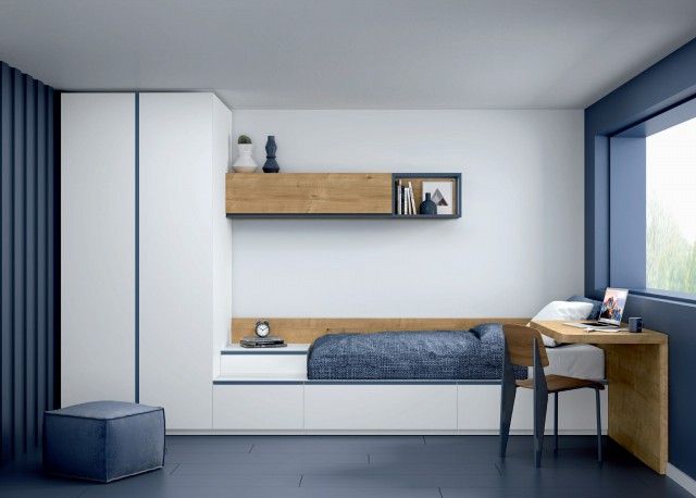 estafador mecánico bolsillo Dormitorio juvenil de estilo moderno en Blanco, Azul y Roble Forest -